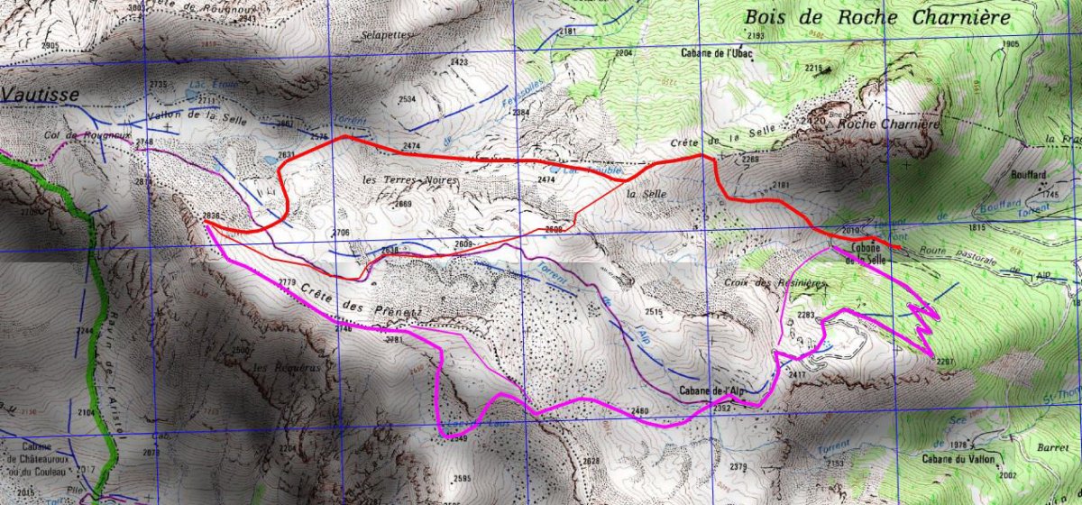 CRÊTES DE PRENETZ . Montée et variantes en rouge ; descente et variantes en violet clair.