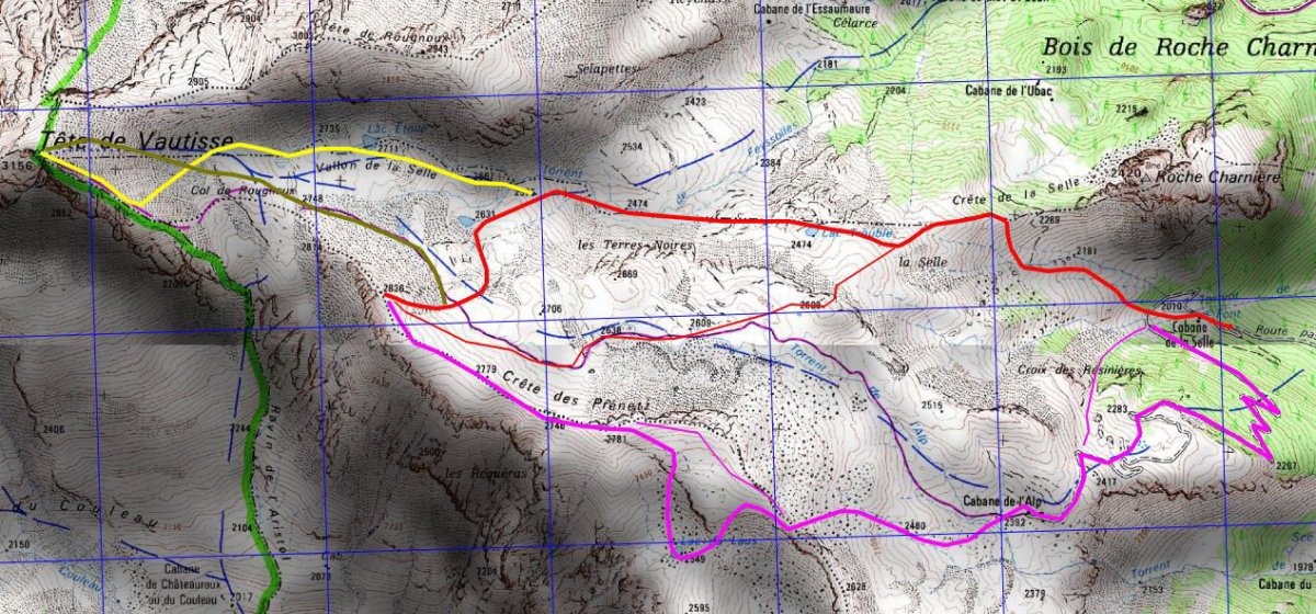 TÊTE DE VAUTISSE – PRENETZ : montée en rouge puis jaune ; descentes toutes les autres couleurs. Voir cartes précédentes.