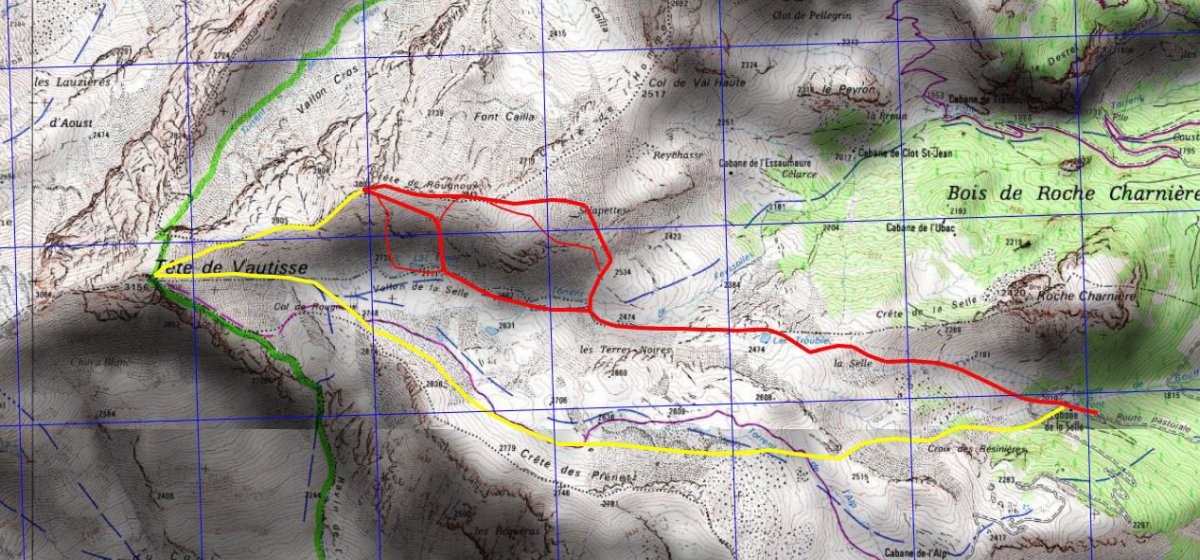 CRÊTE DE ROUGNOUX. En rouge, boucle sud et ses variantes. En jaune enchaînement et boucle de Vautisse.