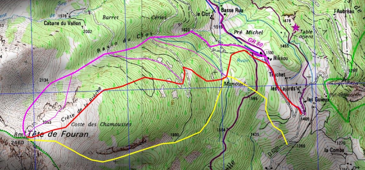 TÊTE DE FOURAN; En rouge , voie normale ; en jaune couloir de Manouel ; en violet pentes du Clot et variantes.