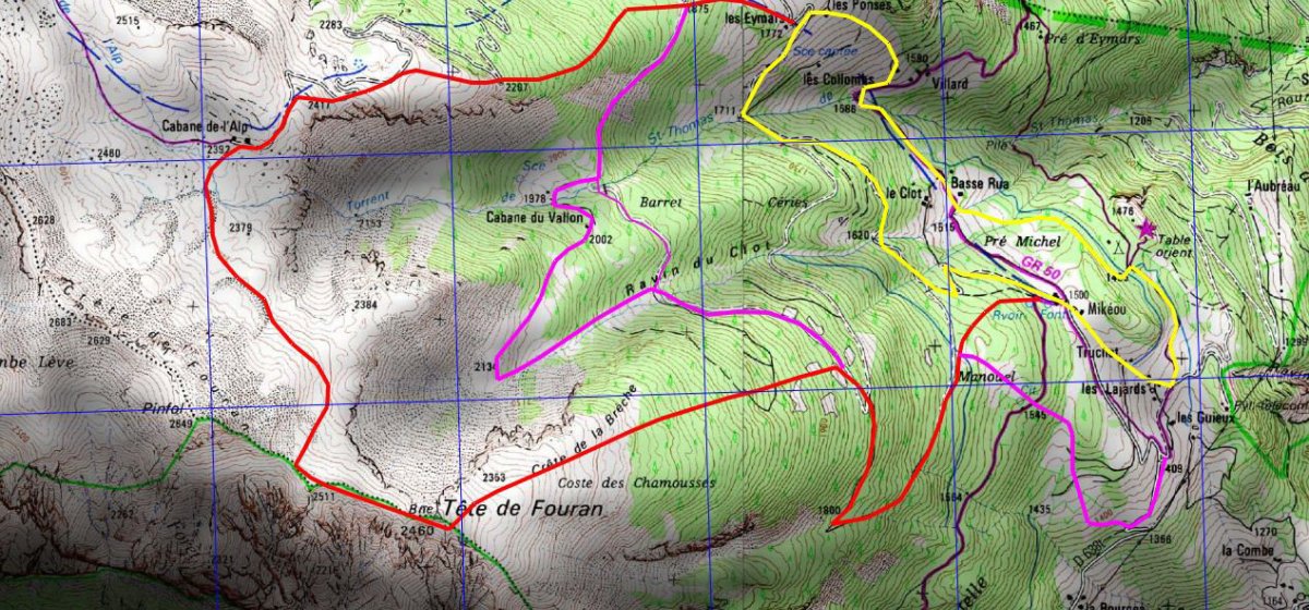 BOUCLE N°6 Vallon Clot Manouel (tracé violet) intermédiaire entre la boucle 4 des Villards (tracé jaune) facile et rapide et la boucle 5 de l’Alp (tracé rouge réservée à des randonneurs avertis et très entraînés.