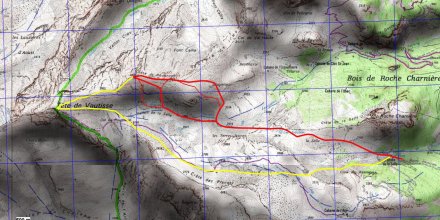 CRÊTE DE ROUGNOUX. En rouge, boucle sud et ses variantes. En jaune enchaînement et boucle de Vautisse.