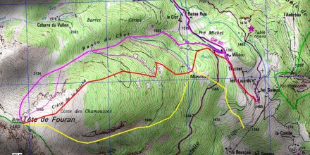 TÊTE DE FOURAN; En rouge , voie normale ; en jaune couloir de Manouel ; en violet pentes du Clot et variantes.